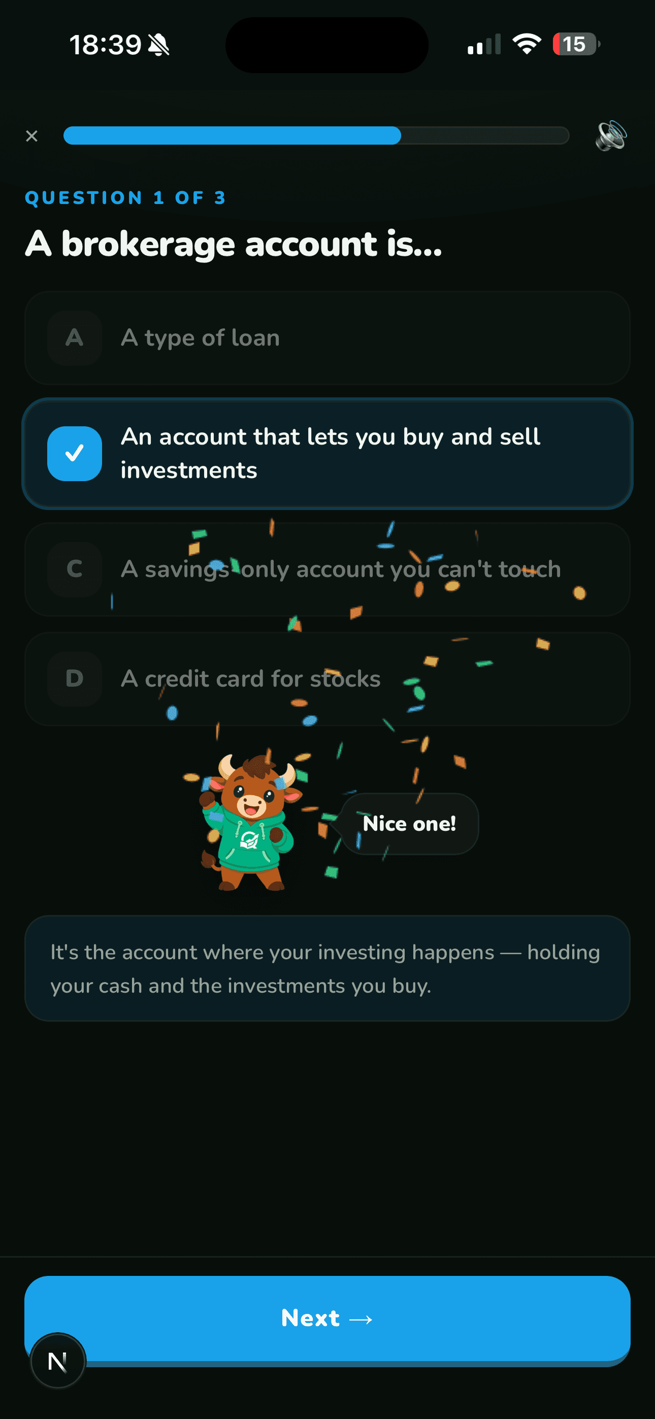 A correct brokerage-account quiz answer in Quoliv